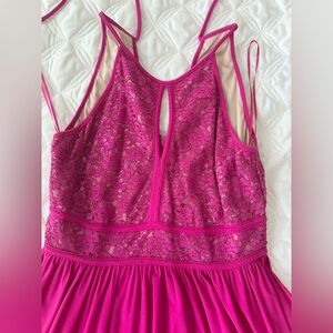 Fuchsia Pink Lace Sequin Prom Dress Open Back Tie Strap Elegant Evening Gown